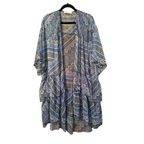 Boho Kimono Duster Ruffle Trim Open Front Blue Paisley Print Cover Up - Picture 2 of 8